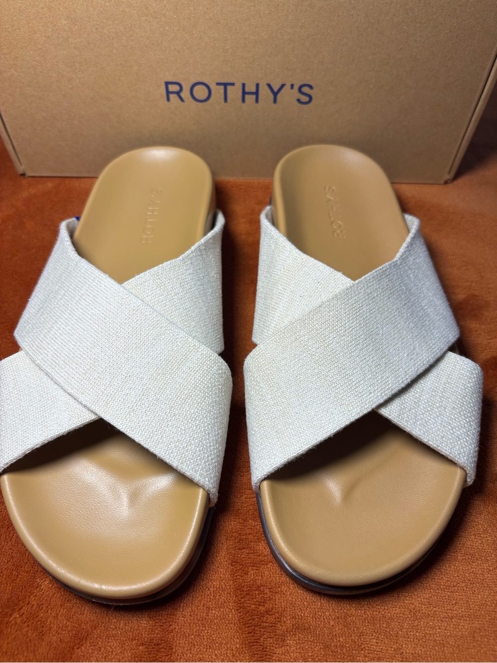 Rothy's Women’s Crossband Slide Sandals in Light Tan and Cream Oat